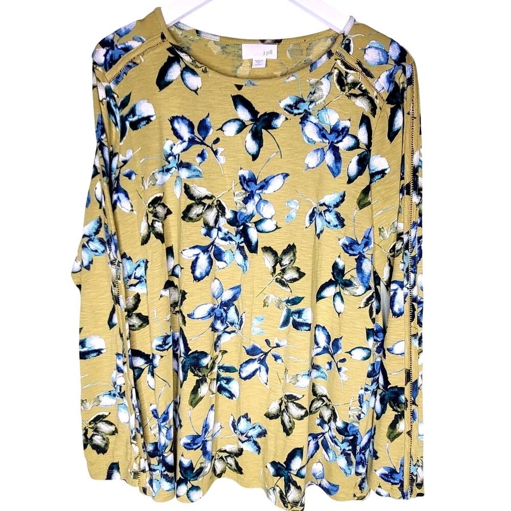 J Jill Green Floral Top T-Shirt Round Neck Long Sleeve Cotton Modal Colorful SP